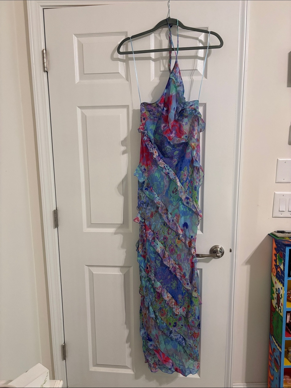 Blue Floral Ruffle Halter Maxi Dress